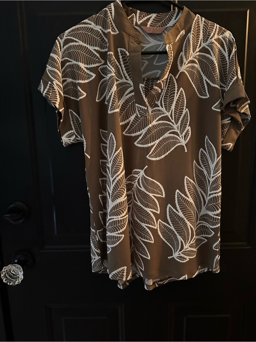 Amiana Olive Green Leaf-Print Short Sleeve Top